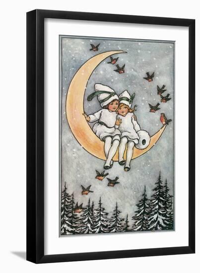 Winter, Children on Moon-null-Framed Art Print