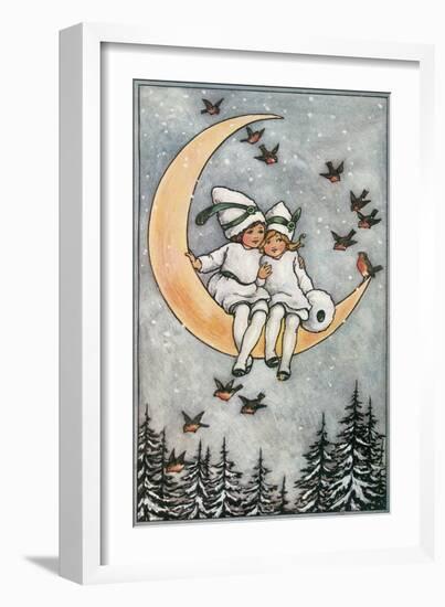 Winter, Children on Moon-null-Framed Art Print