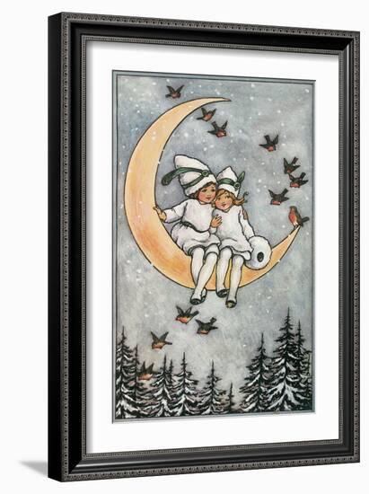 Winter, Children on Moon-null-Framed Art Print