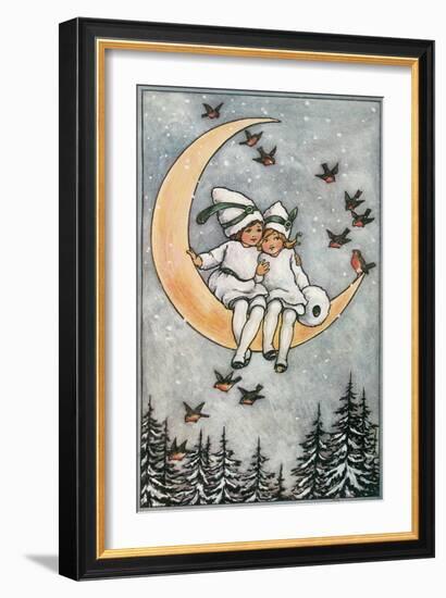 Winter, Children on Moon-null-Framed Art Print