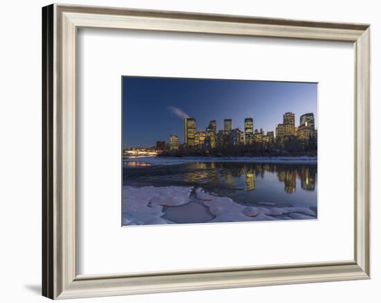 Winter city skyline reflects in the Bow River in Calgary, Alberta, Canada-Chuck Haney-Framed Photographic Print