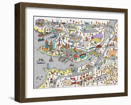 Winter Doodle Town. Map Drawn by Hand. Vector. Isolated-WINS86-Framed Art Print