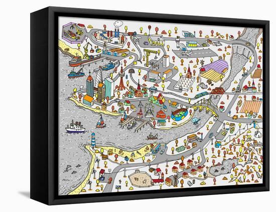 Winter Doodle Town. Map Drawn by Hand. Vector. Isolated-WINS86-Framed Stretched Canvas