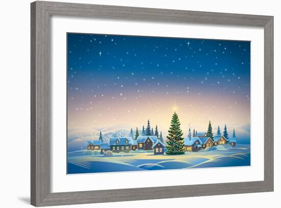 Winter Festive Landscape with Village and Christmas Trees. Raster Illustration.-Rustic-Framed Art Print