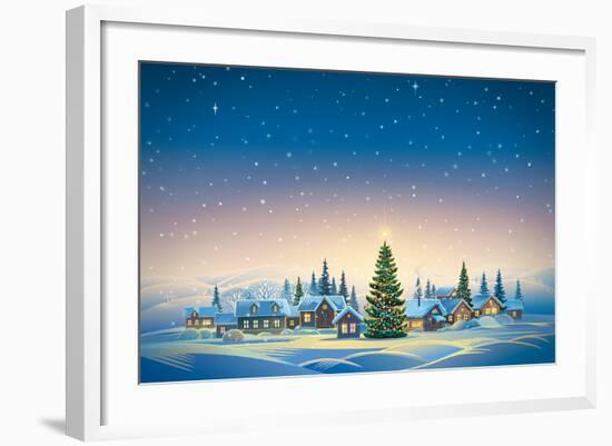 Winter Festive Landscape with Village and Christmas Trees. Raster Illustration.-Rustic-Framed Art Print