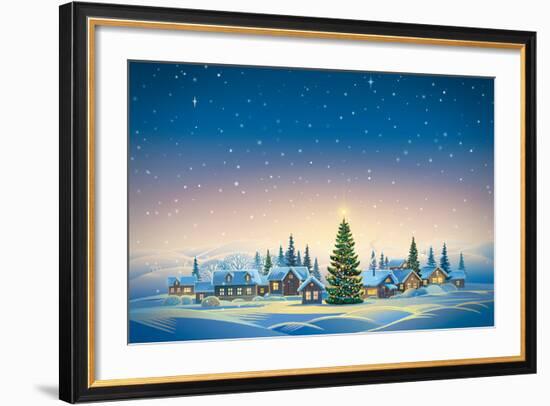 Winter Festive Landscape with Village and Christmas Trees. Raster Illustration.-Rustic-Framed Art Print