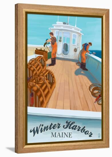 Winter Harbor, Maine - Lobster Boat Scene-Lantern Press-Framed Stretched Canvas
