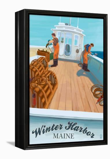 Winter Harbor, Maine - Lobster Boat Scene-Lantern Press-Framed Stretched Canvas