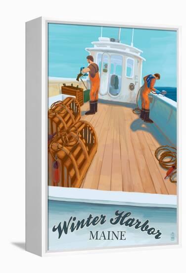 Winter Harbor, Maine - Lobster Boat Scene-Lantern Press-Framed Stretched Canvas