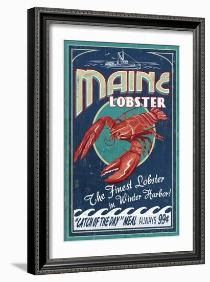 Winter Haven, Maine - Lobster Vintage Sign-Lantern Press-Framed Art Print