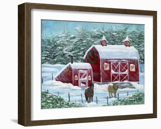 Winter Horses by Red Barn-Cheryl Bartley-Framed Giclee Print