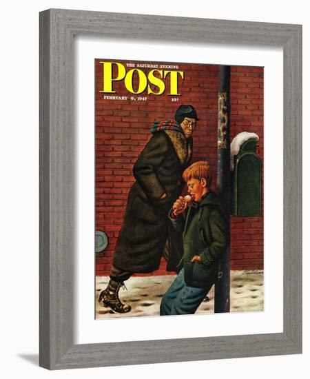 "Winter Ice Cream Cone," Saturday Evening Post Cover, February 8, 1947-Stevan Dohanos-Framed Giclee Print