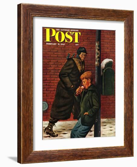 "Winter Ice Cream Cone," Saturday Evening Post Cover, February 8, 1947-Stevan Dohanos-Framed Giclee Print