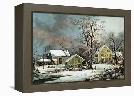 Winter in the Country - a Cold Morning, New England-Currier & Ives-Framed Premier Image Canvas