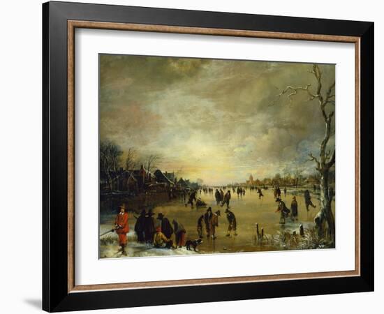 Winter Landscape at Sunset with People playing Golf and Skating-Aert van der Neer-Framed Giclee Print