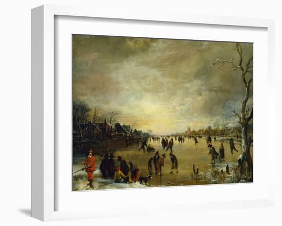 Winter Landscape at Sunset with People playing Golf and Skating-Aert van der Neer-Framed Giclee Print