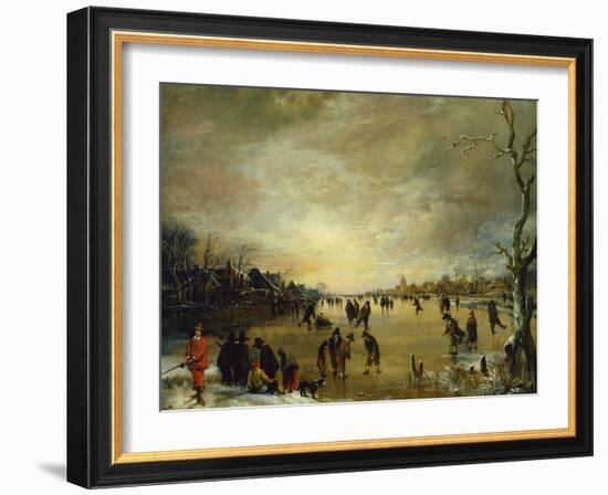 Winter Landscape at Sunset with People playing Golf and Skating-Aert van der Neer-Framed Giclee Print