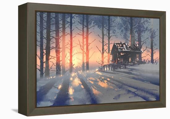 Winter Landscape of an Abandoned House in the Forest,Illustration Painting-Tithi Luadthong-Framed Stretched Canvas