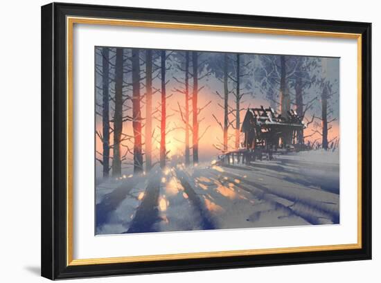 Winter Landscape of an Abandoned House in the Forest,Illustration Painting-Tithi Luadthong-Framed Art Print