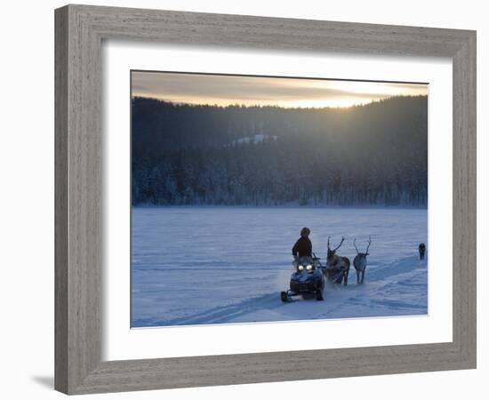 Winter Landscape, Reindeer and Snowmobile, Jokkmokk, Sweden-Peter Adams-Framed Photographic Print