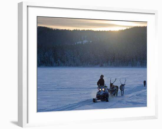 Winter Landscape, Reindeer and Snowmobile, Jokkmokk, Sweden-Peter Adams-Framed Photographic Print