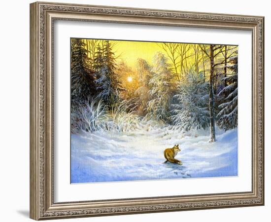 Winter Landscape With A Fox On A Decline-balaikin2009-Framed Art Print