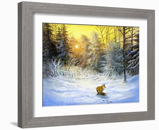 Winter Landscape With A Fox On A Decline-balaikin2009-Framed Art Print