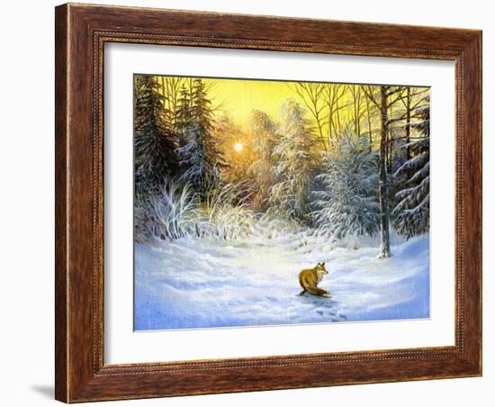 Winter Landscape With A Fox On A Decline-balaikin2009-Framed Art Print