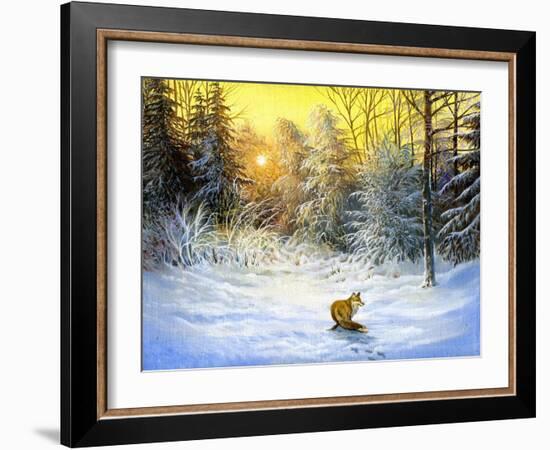 Winter Landscape With A Fox On A Decline-balaikin2009-Framed Art Print