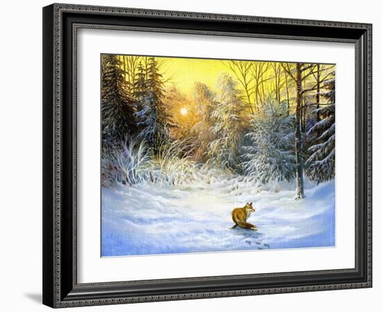 Winter Landscape With A Fox On A Decline-balaikin2009-Framed Art Print