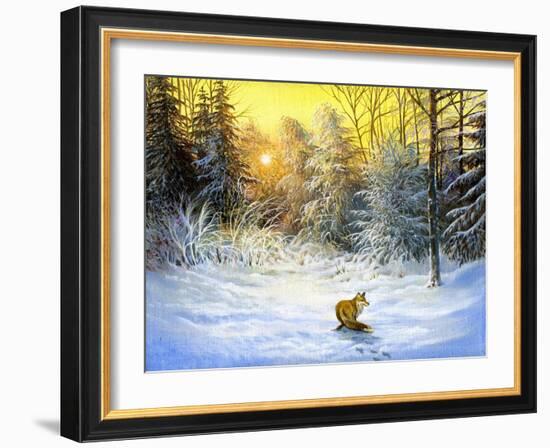 Winter Landscape With A Fox On A Decline-balaikin2009-Framed Art Print