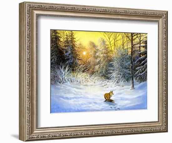 Winter Landscape With A Fox On A Decline-balaikin2009-Framed Art Print