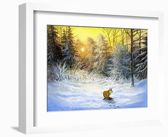 Winter Landscape With A Fox On A Decline-balaikin2009-Framed Art Print