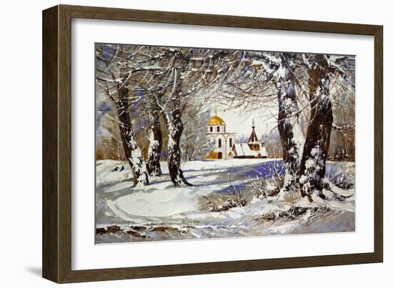 Winter Landscape with Church in Wood-balaikin2009-Framed Art Print