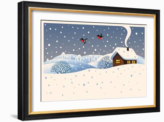 Winter Landscape with Country House and Bullfinches.-Rustic-Framed Art Print