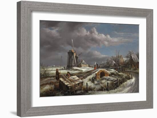 Winter Landscape with Figures on a Path, a Footbridge and Windmills Beyond-John Constable-Framed Giclee Print