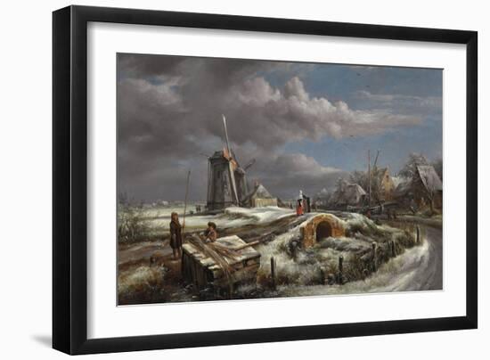 Winter Landscape with Figures on a Path, a Footbridge and Windmills Beyond-John Constable-Framed Giclee Print