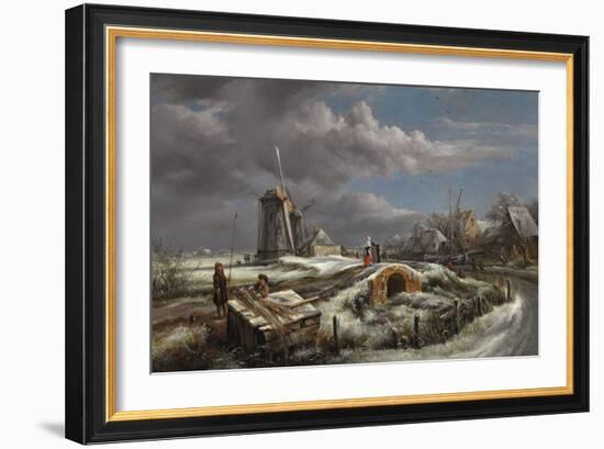 Winter Landscape with Figures on a Path, a Footbridge and Windmills Beyond-John Constable-Framed Giclee Print