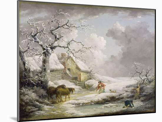 Winter Landscape with Men Snowballing an Old Woman, 1790-George Morland-Mounted Giclee Print