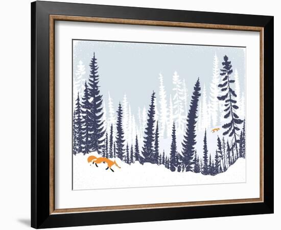 Winter Landscape with Silhouettes of Trees and Firs-Milovelen-Framed Art Print
