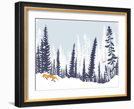 Winter Landscape with Silhouettes of Trees and Firs-Milovelen-Framed Art Print