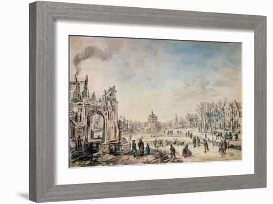 Winter Landscape with Skaters, Dutch Painting of 17th Century-Aert van der Neer-Framed Giclee Print