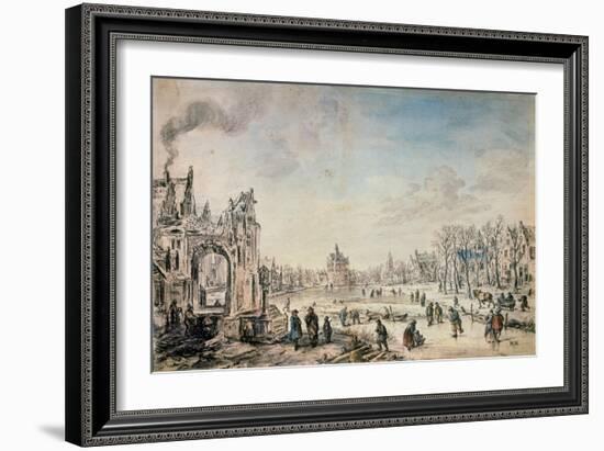 Winter Landscape with Skaters, Dutch Painting of 17th Century-Aert van der Neer-Framed Giclee Print