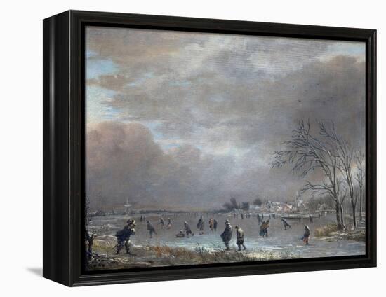 Winter Landscape with Skaters on a Frozen River-Aert van der Neer-Framed Premier Image Canvas