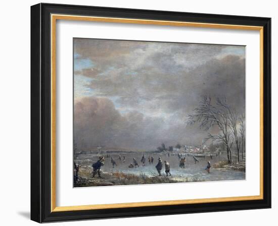 Winter Landscape with Skaters on a Frozen River-Aert van der Neer-Framed Giclee Print