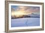 Winter Landscape with Sunrise in the Mountains, Path in the Snow, Carpathians, Ukraine, Europe-Kotenko-Framed Photographic Print