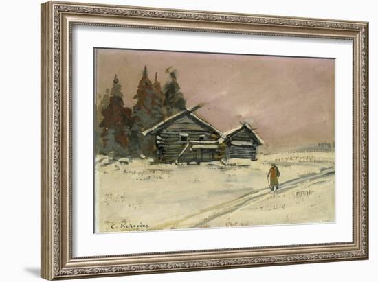 Winter Landscape with Two Wooden Huts (Bodycolour and Oil on Board, Mounted as a Drawing)-Konstantin Alekseevich Korovin-Framed Giclee Print