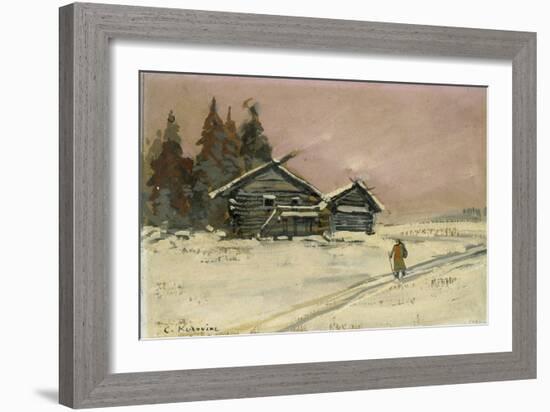 Winter Landscape with Two Wooden Huts (Bodycolour and Oil on Board, Mounted as a Drawing)-Konstantin Alekseevich Korovin-Framed Giclee Print