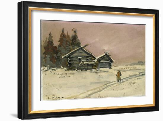 Winter Landscape with Two Wooden Huts (Bodycolour and Oil on Board, Mounted as a Drawing)-Konstantin Alekseevich Korovin-Framed Giclee Print