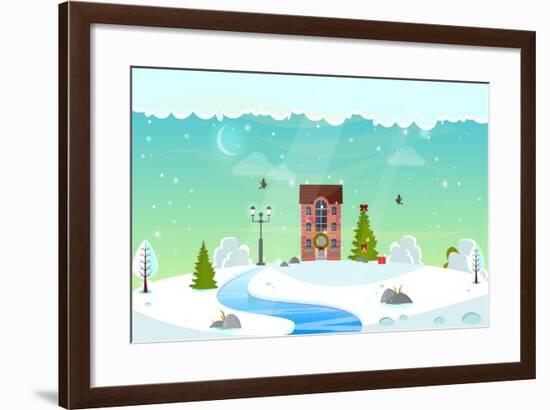 Winter Nature Landscape with River. Cute House with Christmas Fir-Tree, Lantern (Street Light) and-icanFly-Framed Art Print